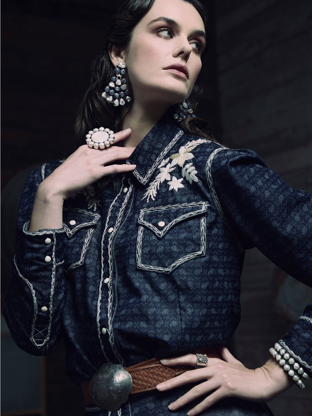 Double D Ranch Navy Western Button-Down with White Floral Embroidery